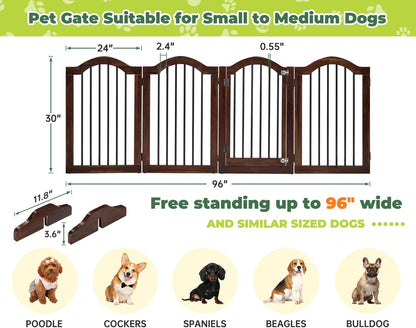 PrimeZone 144" Extra Wide Dog Gate - 36" Tall 6-Panel Solid Acacia Wooden Freestanding Puppy Gates with Door, Foldable Indoor Pet Fence for Doorways, Stairs, Support Feet Included, Brown