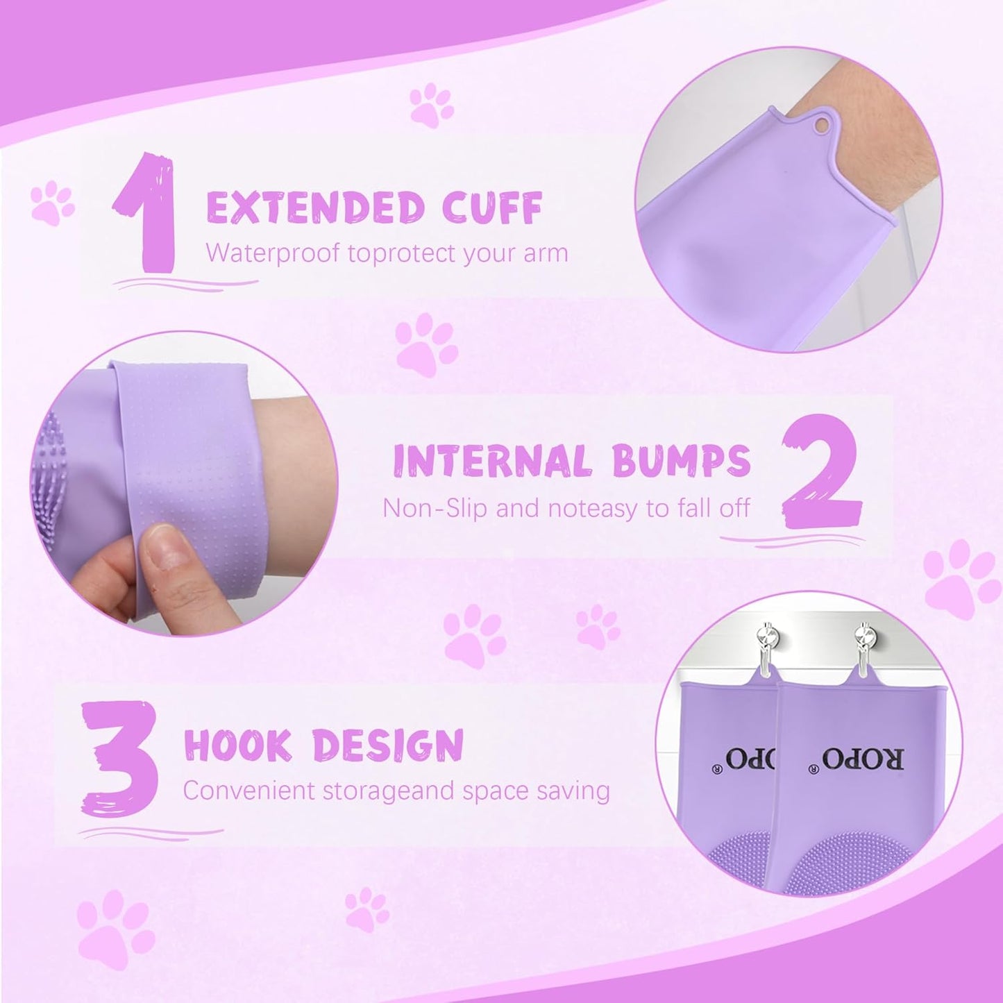 ROPO silicone gloves for pet grooming, multi-functional gloves for pet hair shedding, bathing, and massage (Purple)