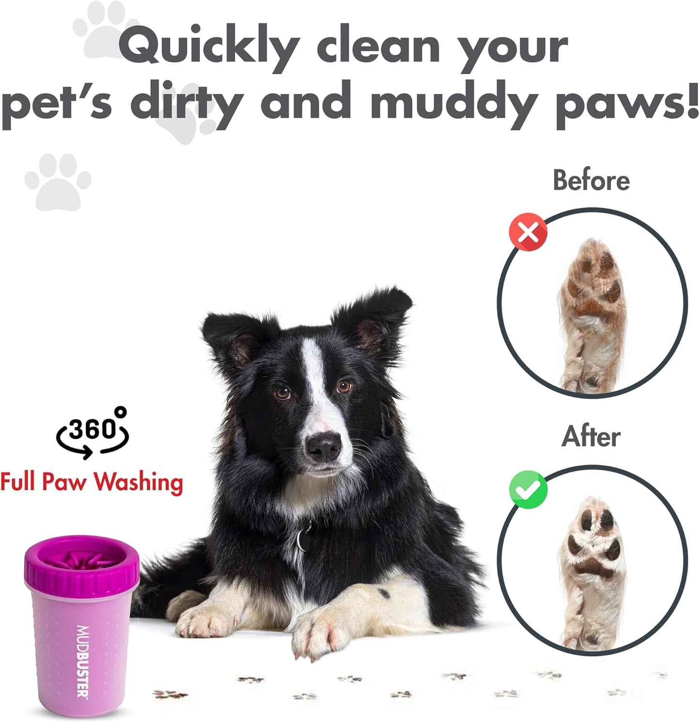 Dexas MudBuster Medium Dog Paw Cleaner in Fuchsia - Fits 1.5"-2.5" Wide Paws, Portable Paw Washer for Muddy Paws, Dog Paw Cleaning Cup with Gentle Silicone Bristles, Quick Clean Pet Paw Washer
