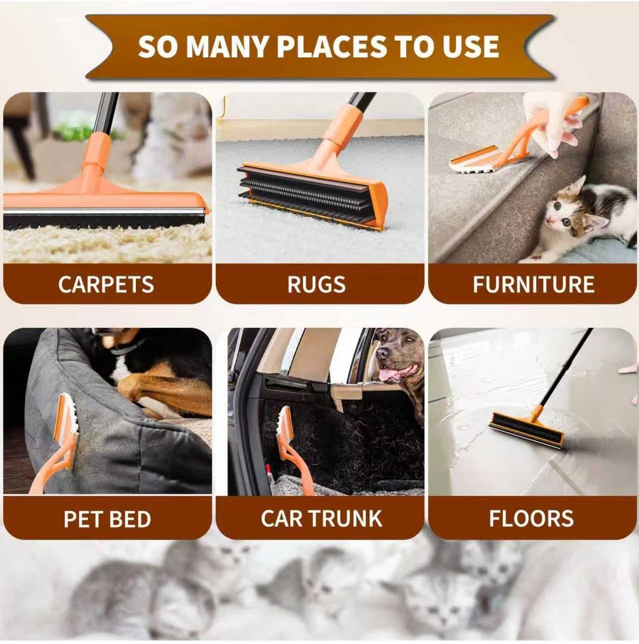 Carpet Rake for Pet Hair Removal - Reusable Dog & Cat Hair Remover with 58" Reinforced Steel Handle, 3-in-1 Professional Modular Rug Rake & Scraper Tool for Shag Rugs, Couch, Stairs (Gray)