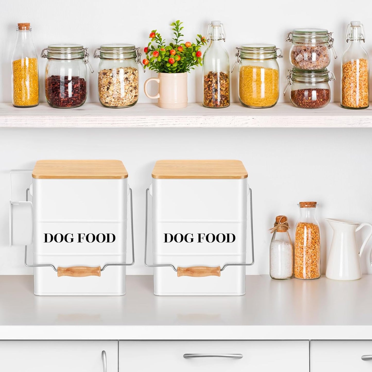 Tioncy 2 Pcs Metal Dog Food Storage Containers Total 10-14 Lbs (50 Cup) Capacity, Airtight Pet Food Canister with Bamboo Lids Scoop DIY Labels Dog Treat Storage Jars for Kitchen Counter(White)