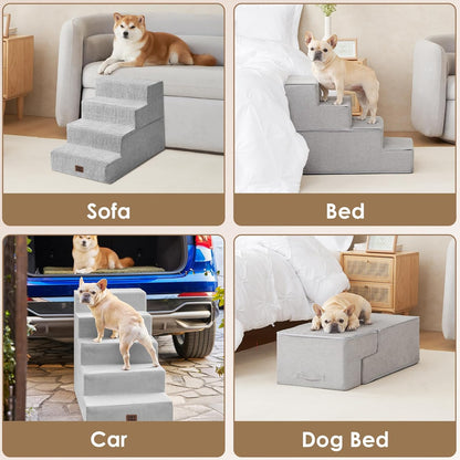 EHEYCIGA Dog Stairs for High Bed 22.5" H, 5-Step Dog Steps for Bed, Pet Steps for Small Dogs and Cats, Non-Slip Balanced Pet Ramp Indoor, Grey