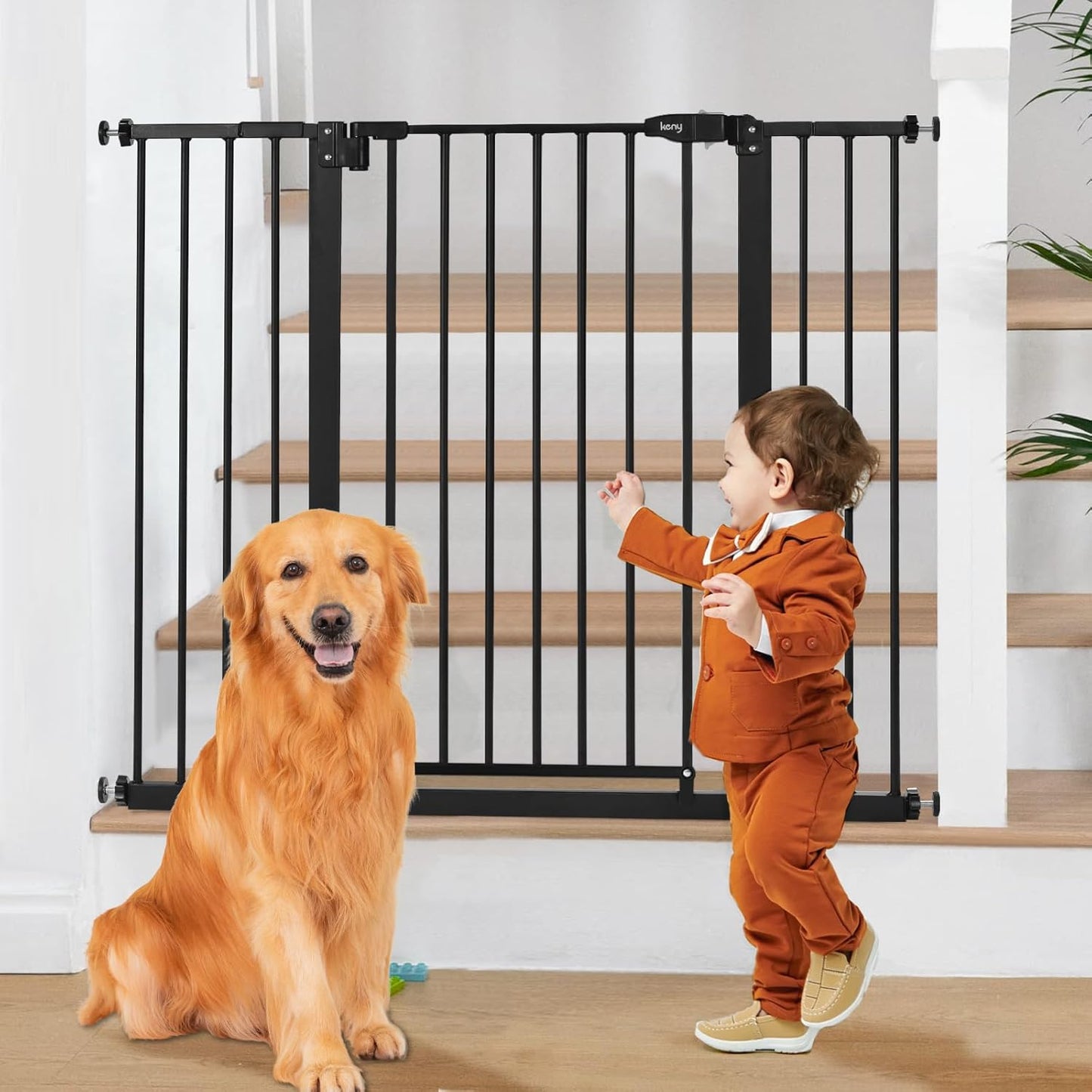 keny 29"-42.5" Baby Gate for Stairs, Auto Close Safety Dog Gate, Pressure Mounted Easy Walk Through Pet Gate for Doorways, Durable Stair Gate, 30" Tall, White