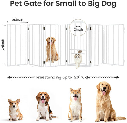 Metal Freestanding Dog Gate with Cat Door for Outdoor Indoor,80" Extra Wide Foldable Pet Fence,30" Tall Dog Gate for Large Opening,Stairs,Hallways,Doorways,Deck,Yard,with 3PCS Support(4 Panels,Black)