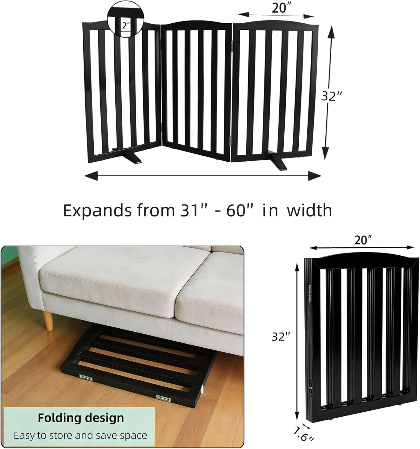 Freestanding Dog Gate Indoor,Doggie Gate Foldable Dog Gates for Doorways,Stairs or Hallways, Wooden White Pet Gate for the House, Pet Fence with Support Feet Included,24 "Height-4 Panels