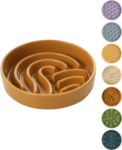 Ceramic Slow Feeder Dog Bowl, Maze Puzzle Non-Slip Silicone Base Stoneware Bowl for Small Medium Dogs, Heavy Duty Anti-Bloat Dog Food Bowl Dishwasher Safe – Apricot, Medium