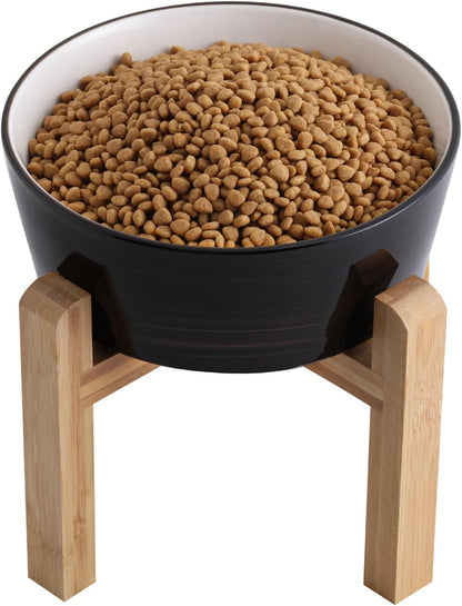 Black Elevated/Raised Dog Bowl Ceramic with Wood Stand for Medium Large Breed,Dog Food Water Dish Heavy Weighted,8 in Non Slip Modern Cute Porcelain Pet Bowl Extra Large