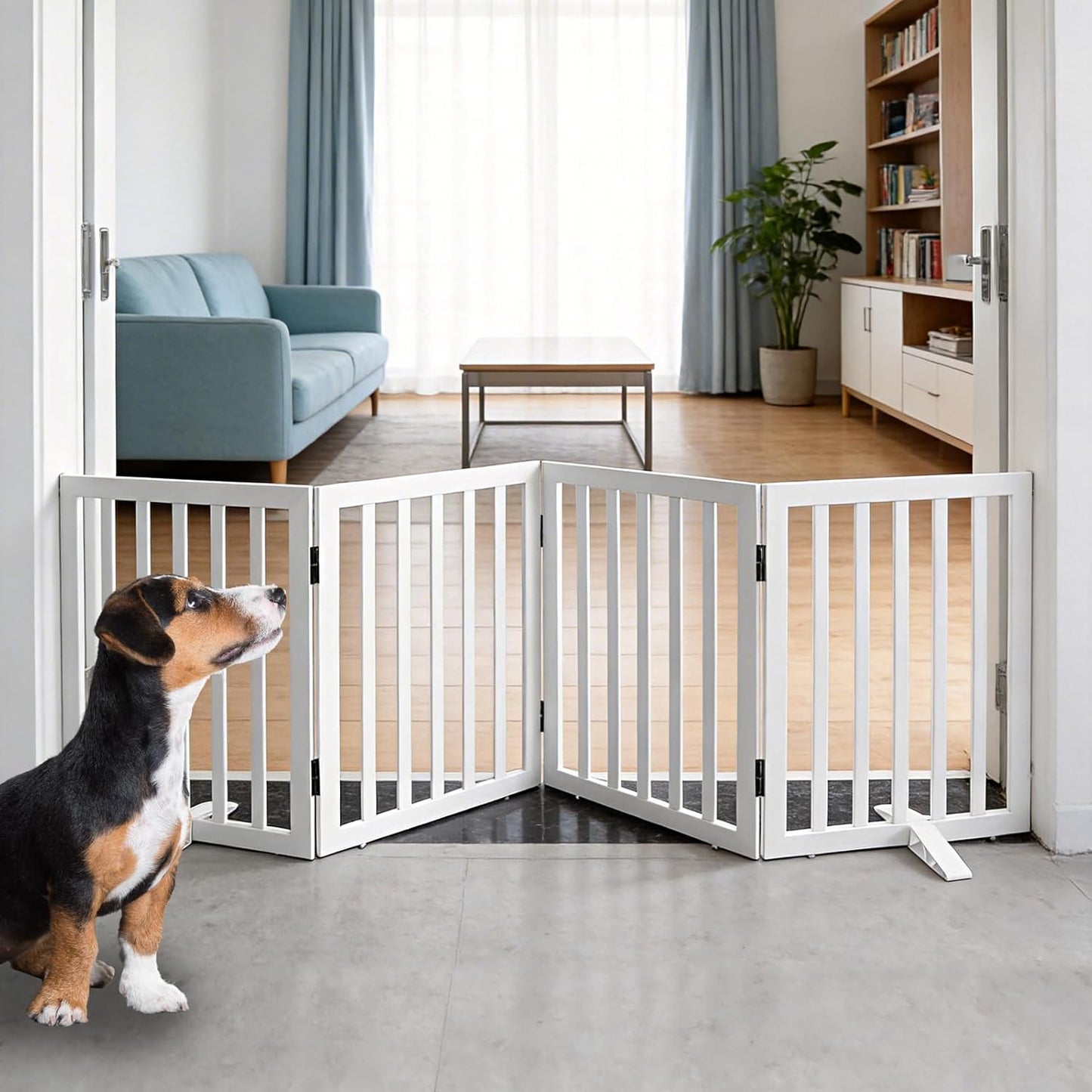 ZJSF Freestanding Indoor Dog Gate for House Foldable Wood Puppy Gate for Doorways Pet Gate for Stairs Extra Wide Pet Fence, Brown, 24" Height 3 Panels