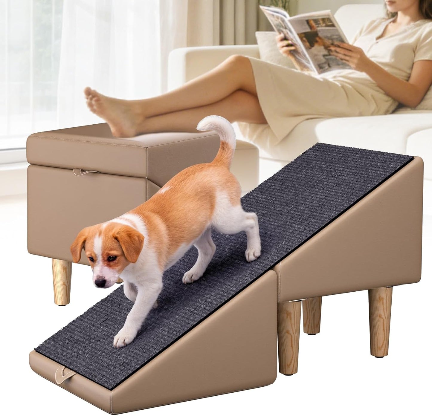Dog Ramps for Small Dogs, Removable Non-Slip Mat, Foldable Wooden Dog Ramp, Split Ottoman Design for Small Frenchie, Pomeranian, Dachshund, Schnauzer, Chihuahua and so on （Light Brown）