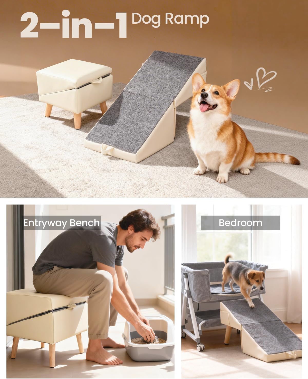 Dog Ramp for Couch & Bed, 2-in-1 Dog Stairs for Small and Medium Dogs & Cats, 16'' Indoor Pet Ramp with 23°Gentle Slope, Non-Slip Felt, Joint Protection for Senior & Injured Pets, Sturdy Ottoman-Style