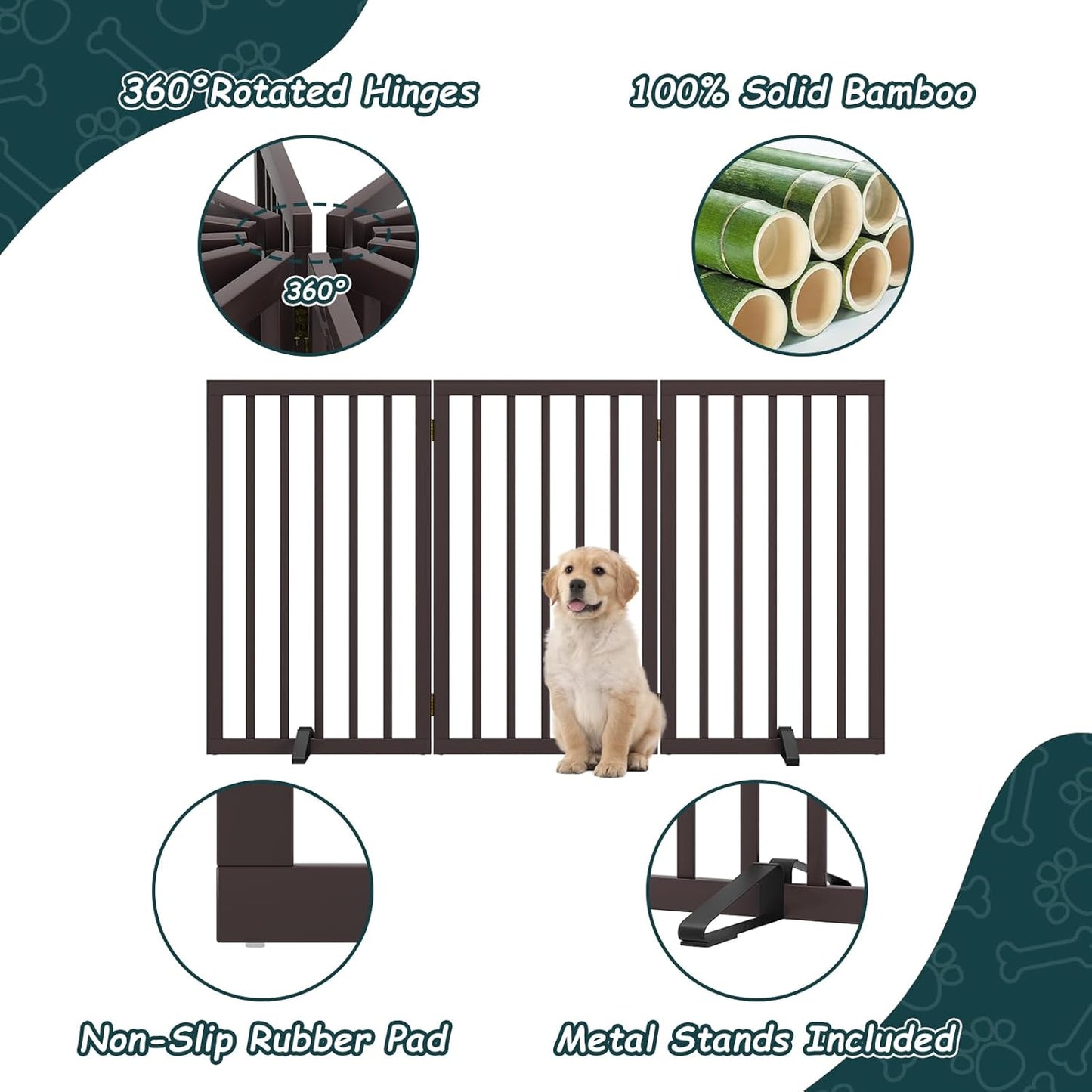 Freestanding Dog Gates Indoor, 3-Panel Pet Gates with 2 Metal Stands and 360° Hinge, 24" H Foldable Dog Gate for Stairs, Doorway, Kitchen, Expands Up to 55" Fully Assembled - Black Walnut