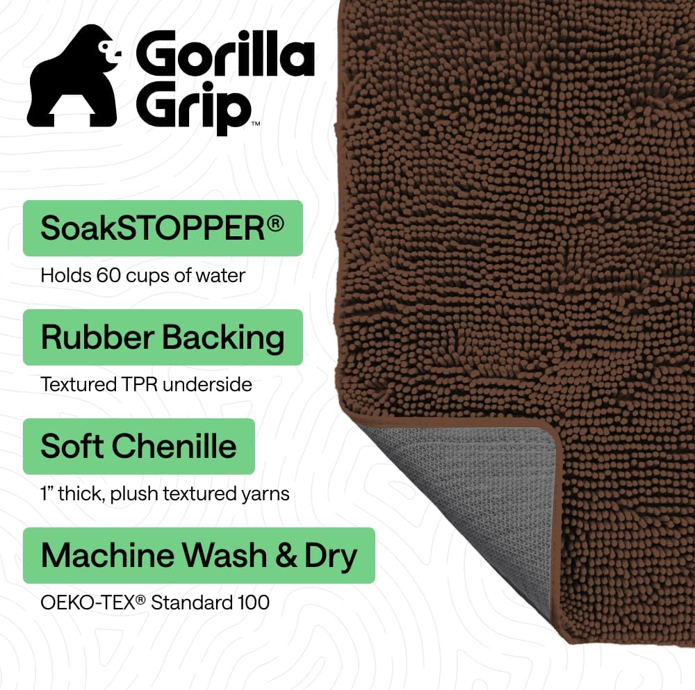 GORILLA GRIP SoakSTOPPER Dog Door Mat, 30x20 Machine Washable Rug Absorbent Doormat Captures Moisture Mud Dirt, Quick Dry Soft Chenille Entryway Rugs Indoor Entrance Mats for Dog Paws, Paw Grey