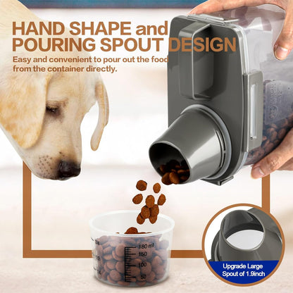 TIOVERY Dog Food Storage Container, 5-7 Lbs Airtight Pet Food Container, Cat Food Container Dispenser Plastic Bin with Pouring Spout, Portable Handle and a Collapsible bowl for Dogs Cats Grey/6Qt