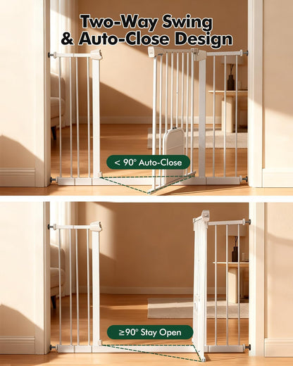 Pet Gate with Adjustable Cat Door, 31–46 Inch Pressure Mounted Dog Gate for Doorways, Stairs and Hallways, Auto Close Walk Through Metal Safety Gate, Easy Install, White
