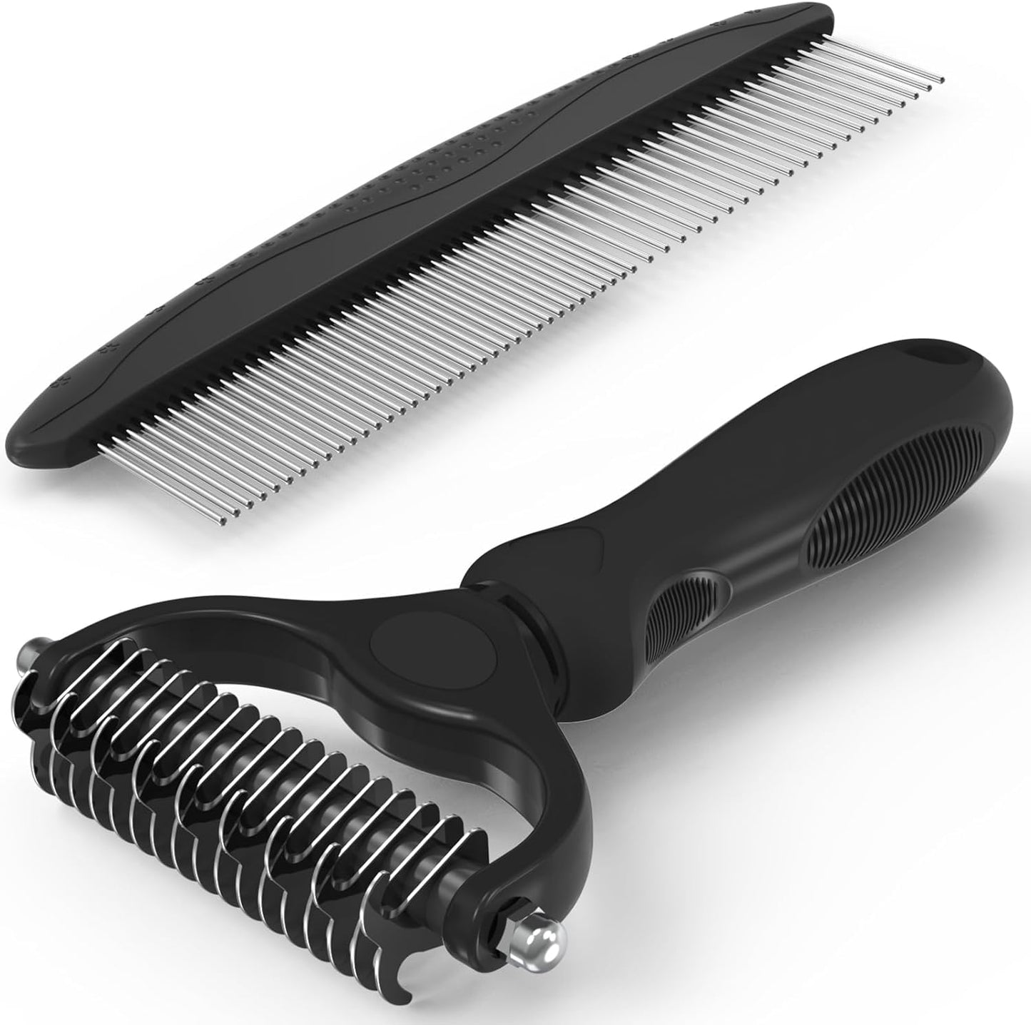 Pet Grooming Brush and Metal Comb Combo, Cat Brush Dog Brush for Shedding, Undercoat Rake for Dogs Grooming, Dematting Deshedding Brush Dogs Shedding Tool for Long matted Haired Pets, Gray (Gray)