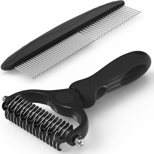 Pet Grooming Brush and Metal Comb Combo, Cat Brush Dog Brush for Shedding, Undercoat Rake for Dogs Grooming, Dematting Deshedding Brush Dogs Shedding Tool for Long matted Haired Pets, Gray (Gray)