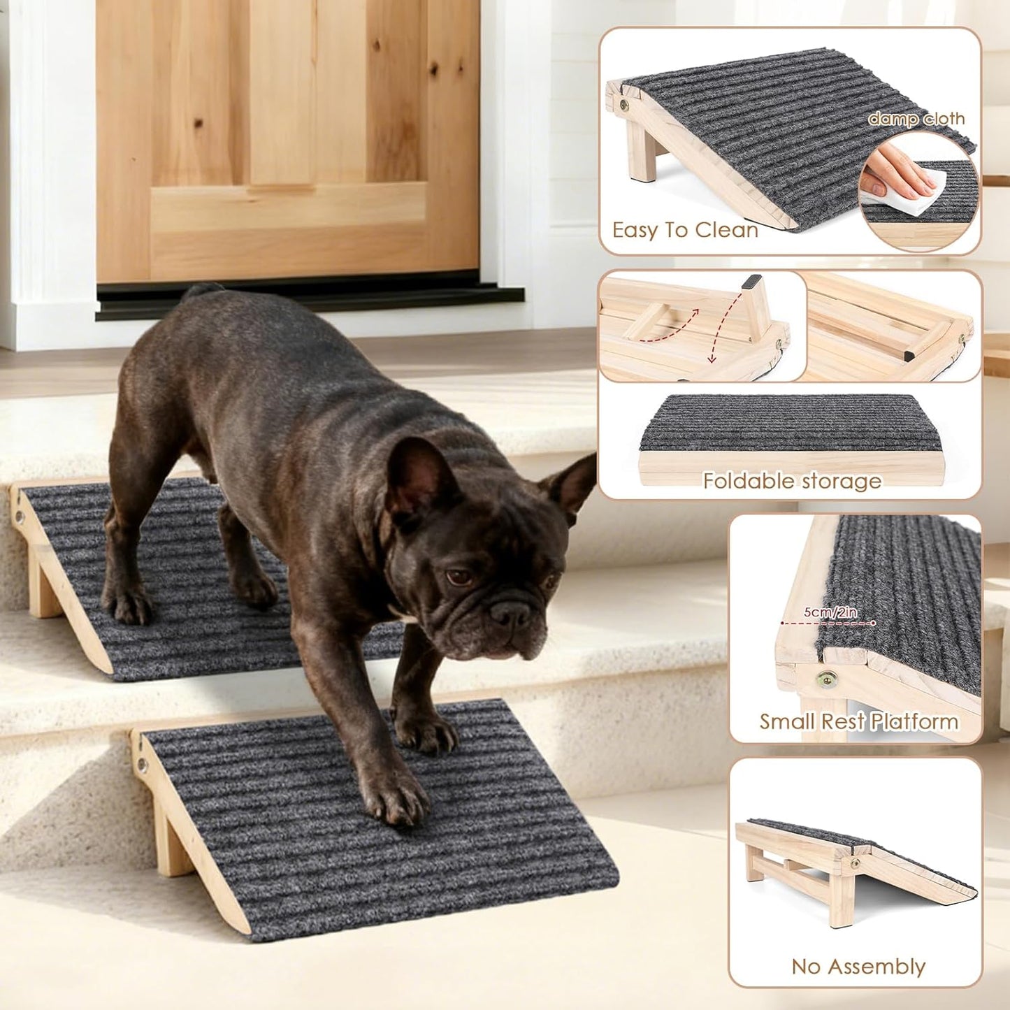 2 Pack Dog Ramp Stairs for Small Dogs – 2-in-1 Solid Wood Pet Ramp & Calf Stretcher, Supports 170lbs, Non-Slip Carpet, Gentle Slope for Senior/Injured/Aging Dogs, Indoor/Gym Use, No Assembly Required