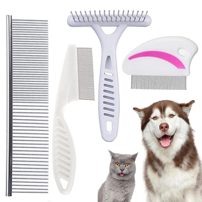 Tear Stain Remover Combs, Professional Pet Stainless Steel Grooming Brush, Undercoat Rake and Flea Dog Cat Combs, Effectively Clean Mucus and Stains (4 Packs)