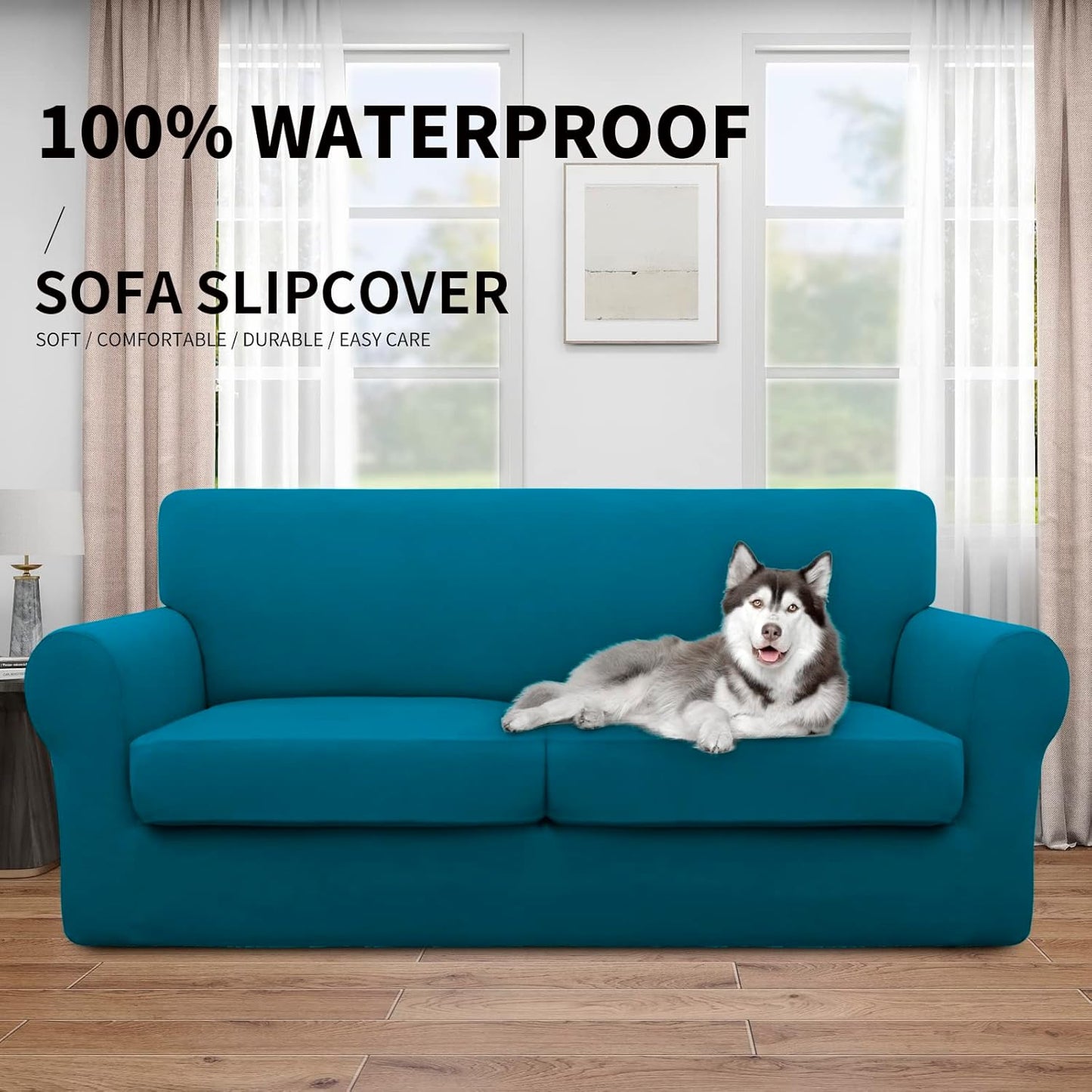 Easy-Going 100% Dual Waterproof 4 Pieces Stretch Soft Couch Cover for Dogs, Sofa Slipcover for 3 Separate Cushion Couch Leakproof Furniture Protector for Kids, Pets Dark Gray
