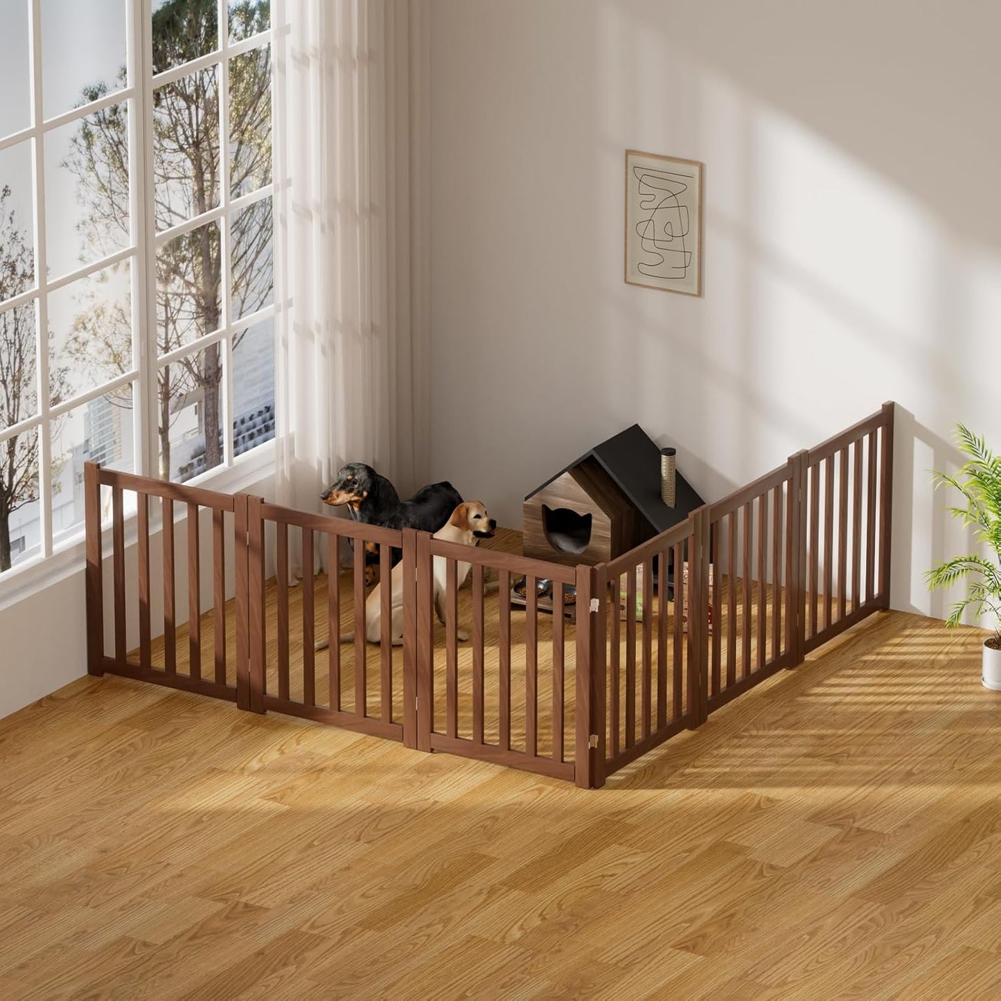 2-Panel Solid Wood Dog Gate - Freestanding Folding Pet Gate for Doorways, Stairs, Indoor, 24" Height, No Installation Needed, Natural Wood