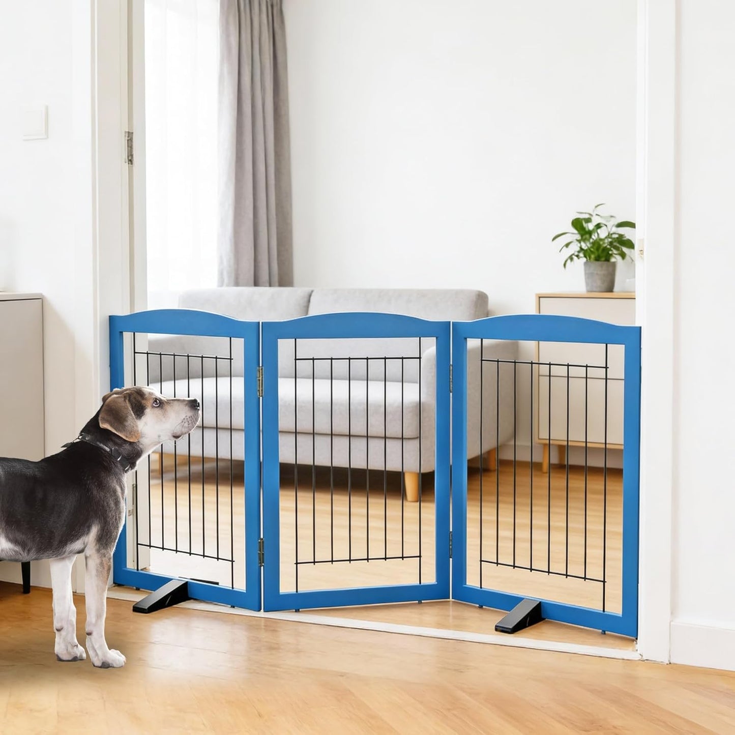 ZJSF Freestanding Dog Fence Indoor, Foldable Dog Gate for Doorways, Stairs or Hallways, Sturdy Wood Extra Wide Pet Gate with Support Feet for The House, White, 24 "Height-3 Panels