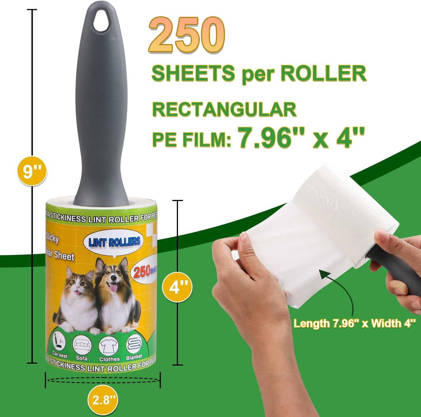 Lint Roller Pet Hair Value Pack of 250 Sheets, Extra Sticky Lint Remover for Dog & Cat Fur, Clothes, Furniture, Couches Reusable Lint Remover for Fuzz, Fluff & Hair(White)