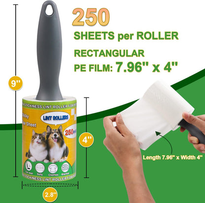 Lint Roller Pet Hair Value Pack of 250 Sheets, Extra Sticky Lint Remover for Dog & Cat Fur, Clothes, Furniture, Couches Reusable Lint Remover for Fuzz, Fluff & Hair(White)