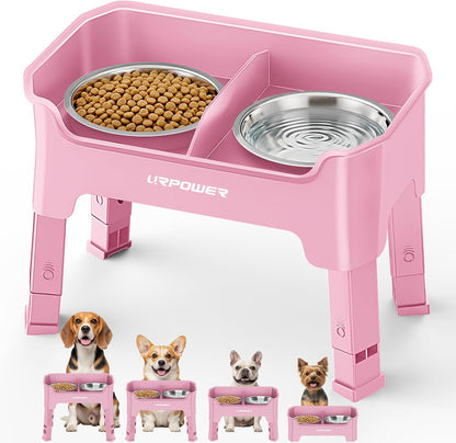 URPOWER 3-in-1 Elevated Dog Bowls - Mess Proof Double Deck 4 Height Adjustable Raised Stand with 2 Stainless Steel Food Bowls & Licking Plate for Small, Medium & Large Dogs
