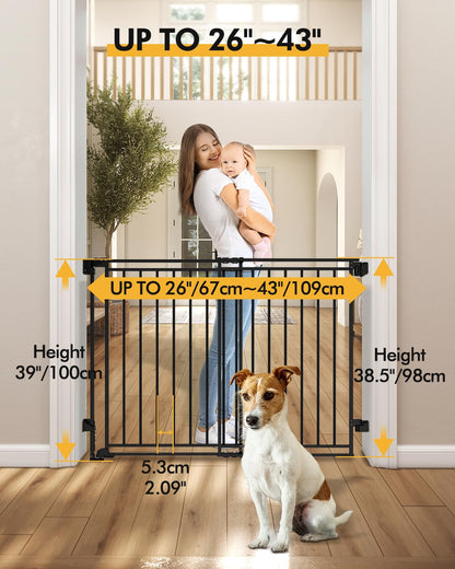 Extra Wide Baby Gate for Doorways 29" Tall Safety Gate for Kids&Pets,Pressure Mounted with Auto Close,Walk-Thru Metal Gate,Adjustable Width 26.4"-43",Indoor Pet Gate for Stairs & Hallways Black