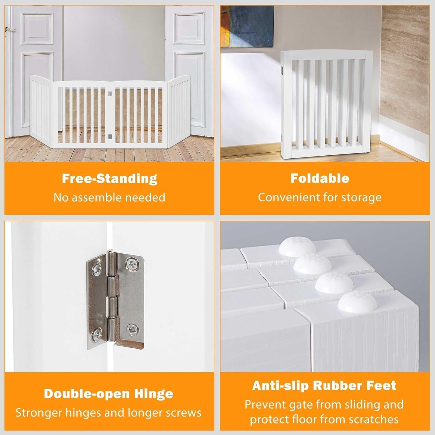 24 Inch Freestanding Indoor Retractable Dog Gate Pet Gate for Stairs, Hallways or Doorways 3 Panels Indoor Foldable Puppy Dog Fence Wooden Safety Fence, White