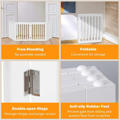 24 Inch Freestanding Indoor Retractable Dog Gate Pet Gate for Stairs, Hallways or Doorways 3 Panels Indoor Foldable Puppy Dog Fence Wooden Safety Fence, White
