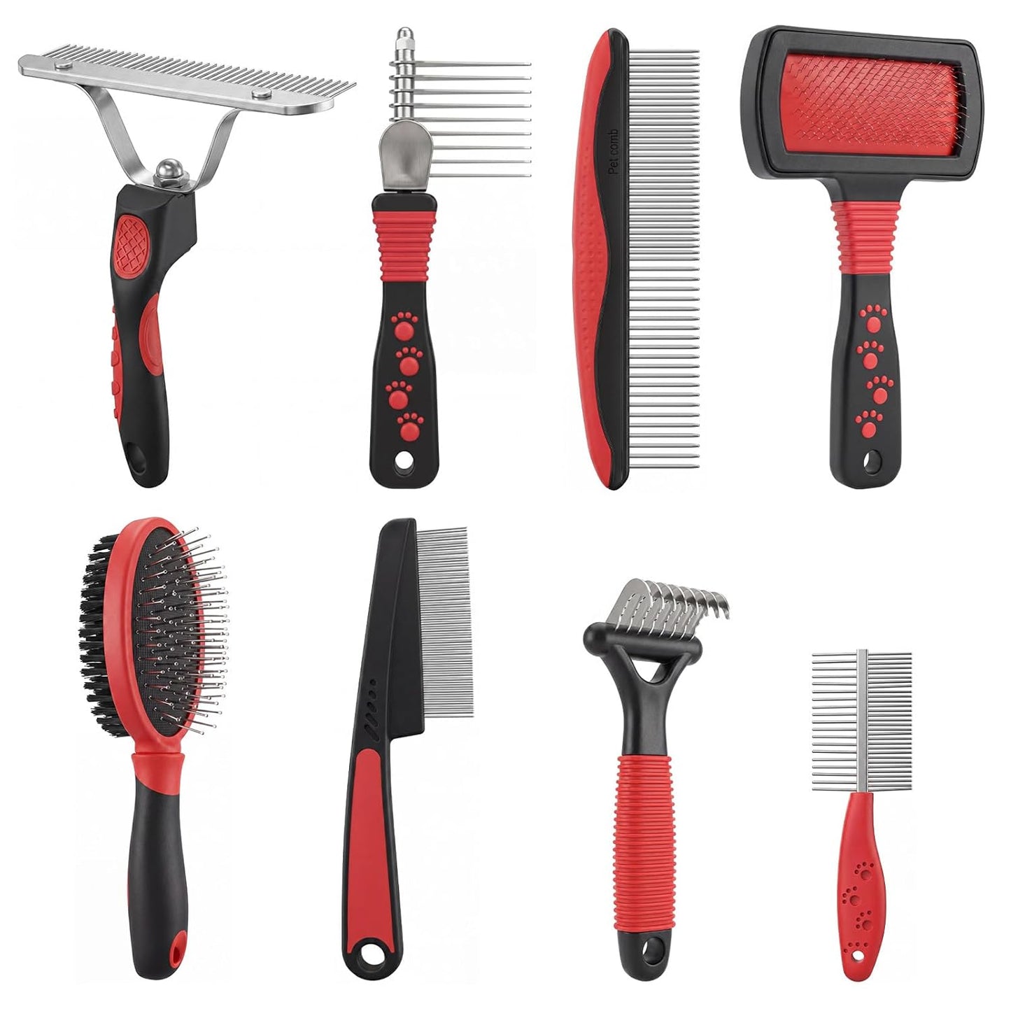 Zhehao 8 Pcs Pet Grooming Kit - Dematting Combs, Slicker Brush, Steel Comb Deshedding Brush, Flea Comb, Undercoat Rake for Detangling Long Matted Fur Hair from Dogs, Cats, Poodles, Anti-slip Handle