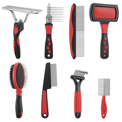 Zhehao 8 Pcs Pet Grooming Kit - Dematting Combs, Slicker Brush, Steel Comb Deshedding Brush, Flea Comb, Undercoat Rake for Detangling Long Matted Fur Hair from Dogs, Cats, Poodles, Anti-slip Handle