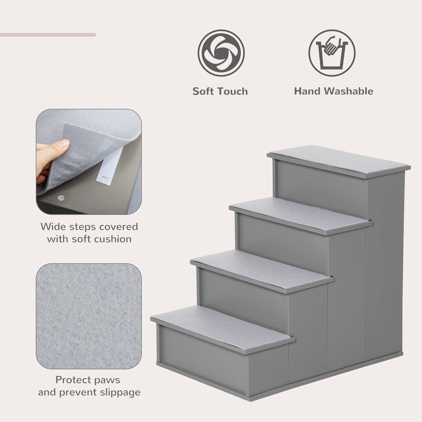 PawHut Pet Stairs, Small Pet Steps with Cushioned Removable Covering for Dogs and Cats Up to 22 Lbs., Natural