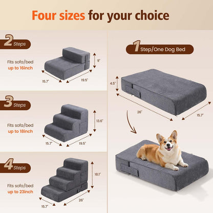 Dog Stairs for Small Dogs, 4-Step Dog Steps for Bed & Couch, High-Density Foam Pet Stairs, Non-Slip Indoor Pet Ramp, Washable Cover, Fits Beds up to 18.1", Grey