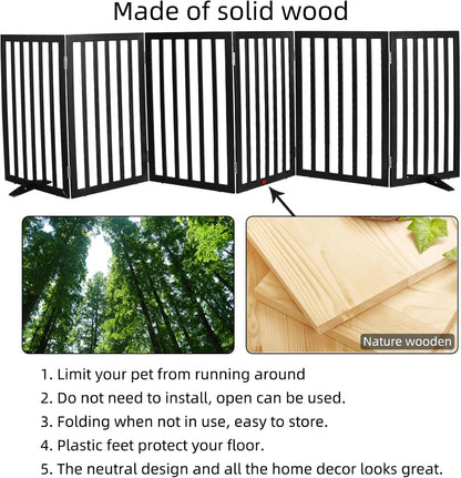 ZJSF Freestanding Indoor Dog Gate for House Foldable Wood Puppy Gate for Doorways Pet Gate for Stairs Extra Wide Pet Fence, Brown, 24" Height 3 Panels