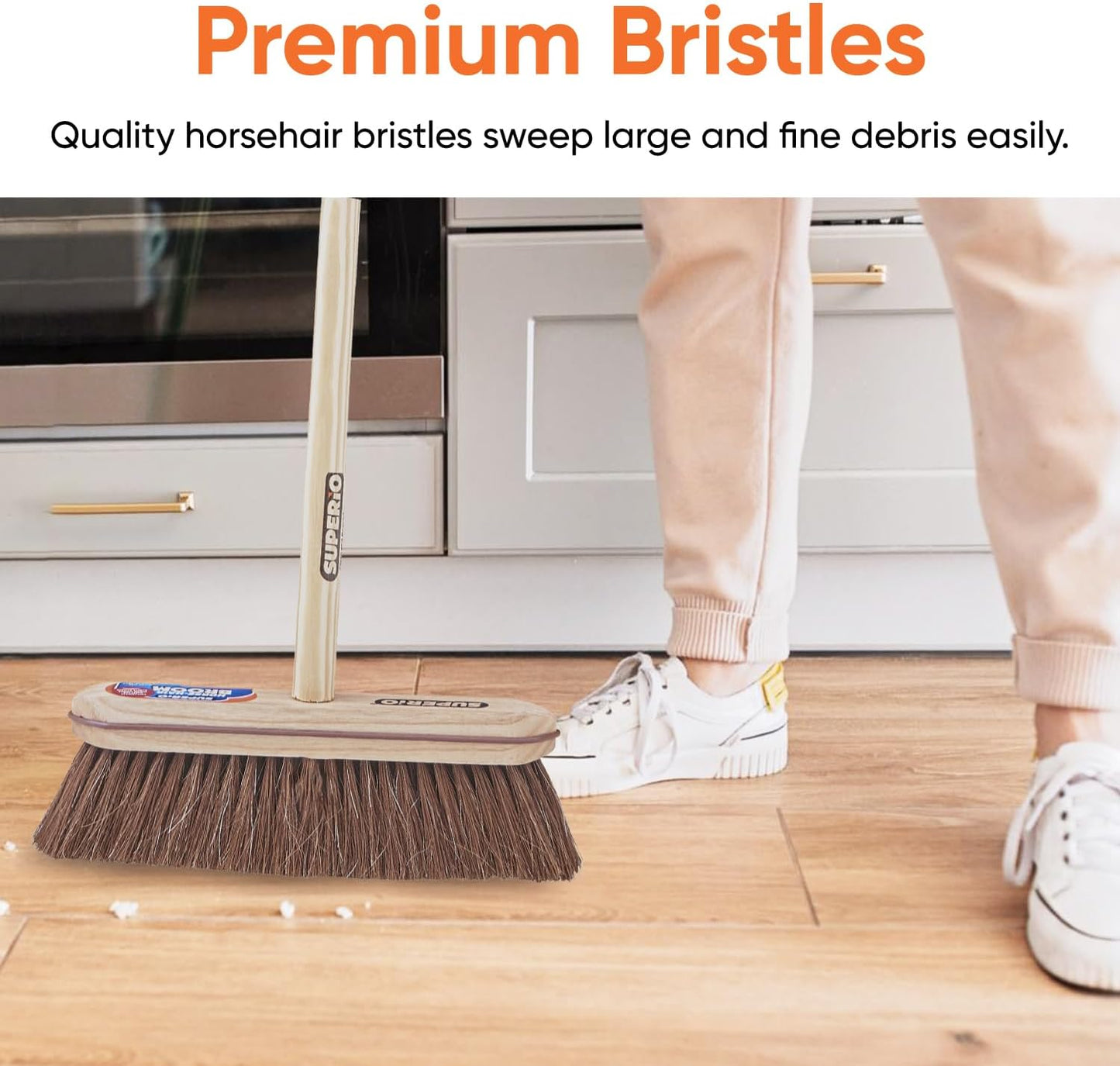 Superio Kitchen and Home Horsehair Broom With Wood Handle, Fine Premium Bristles - Heavy Duty Household Broom Easy Swiping Dust And Wisp Floors And Corners , 12" sweeping head