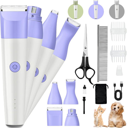 Dog Clippers Grooming Kit, 4 in 1 Quiet Cordless Dog Paw Trimmer & Nail Grinder, Small Cat Clippers Electric Rechargeable Low Noise Pet Shaver for Trimming Hair on Paw Eye Ear Face Rump (Pink)