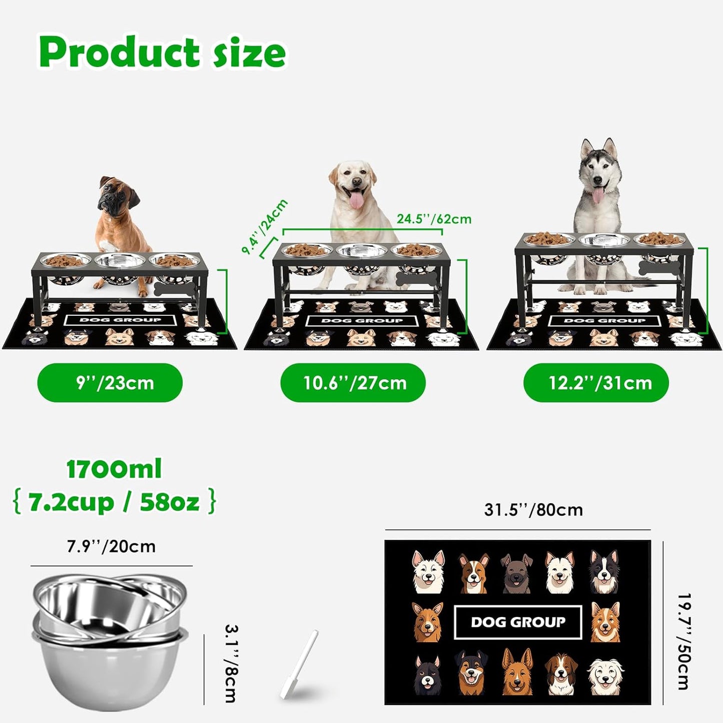 SHAINFUN Metal Elevated Dog Bowls Stand for Large Dogs with Mat & Three 58oz Food Water Bowls, Adjustable Height Raised Dog Bowl Stand