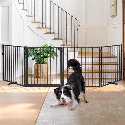 Snagle Paw Extra Wide Dog Gate,Free Standing Dog Fence with Door, Up to 104 Inch Wide Pet Gate with Support Feet for Stairs, Hallways, Doorways, Yard (Black, 4 Panels)