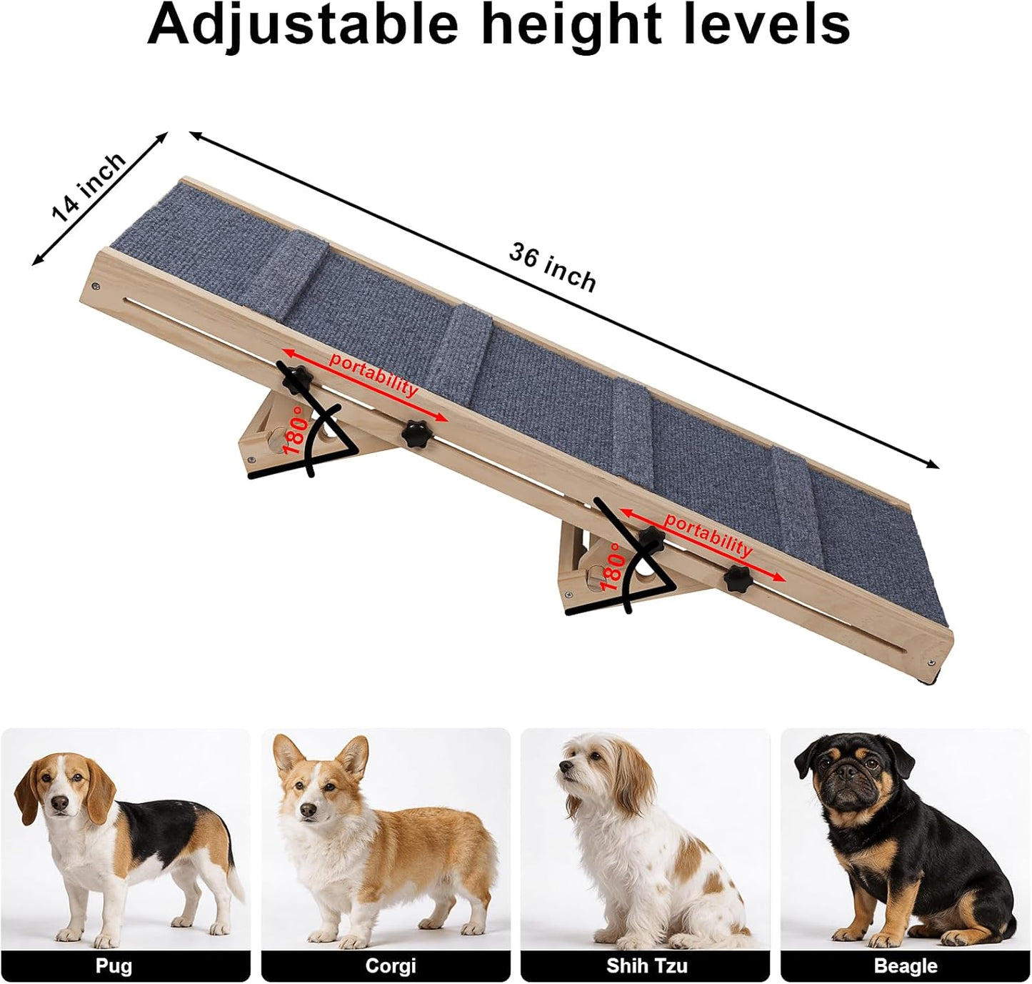 Dog Ramp for Stairs – 36×14 inch Wooden Adjustable Pet Ramp for Small & Medium Dogs, Nonslip Folding Dog Stair Ramp with Safety Carpet Surface for Indoor Steps and Home Use (1, 36 '' × 14 '')
