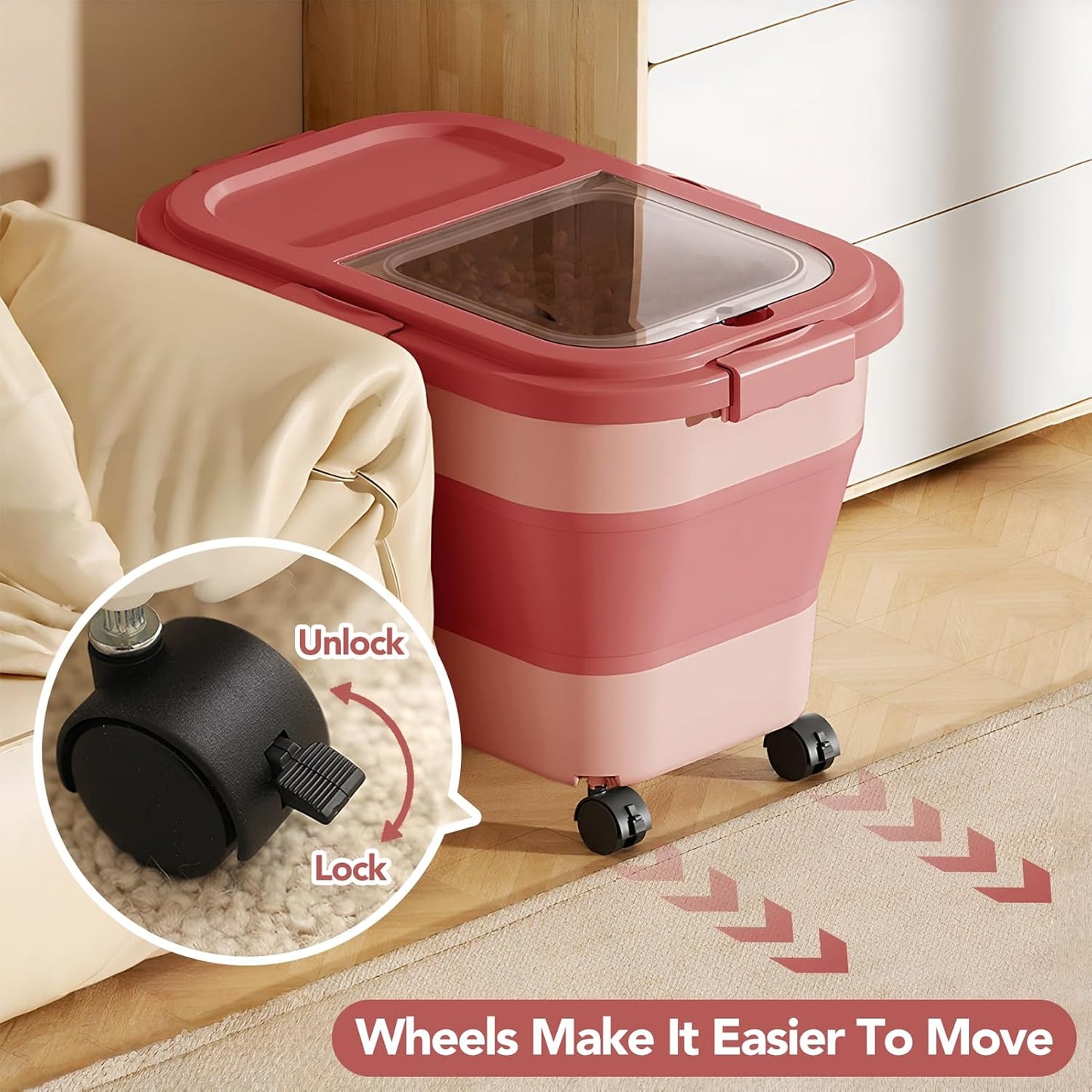 Summark 15 Lbs Dog/Cat Food Storage Container,Collapsible Food Storage Containers with Rolling Wheel Airtight Locking Lid,Pet Food Storage Container with Cup and Scoop,Grey