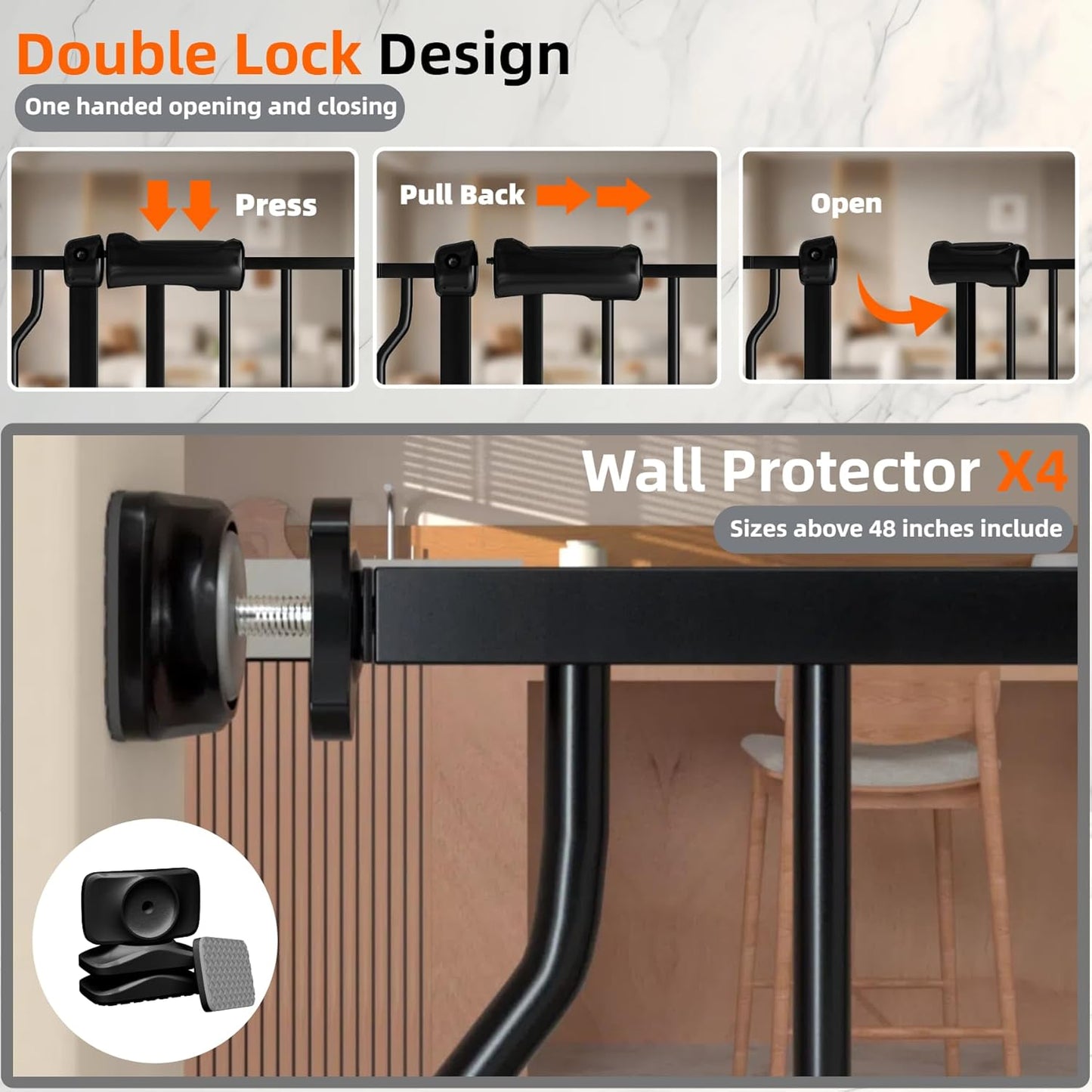 Extra Wide Baby Gate with Door, 52.76~62.2 Inch Wide Presure Mounted No Drill Metal Auto Close Child Gate for Stair Doorway - Indoor Outdoor Safty Gate for Toddler Dog Doggie, Black