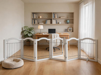 Vantas Espresso Wooden Folding Dog Gate 144" Wide x 30" Tall with Door, Freestanding Pet Gate, Pet Puppy Safety Fence