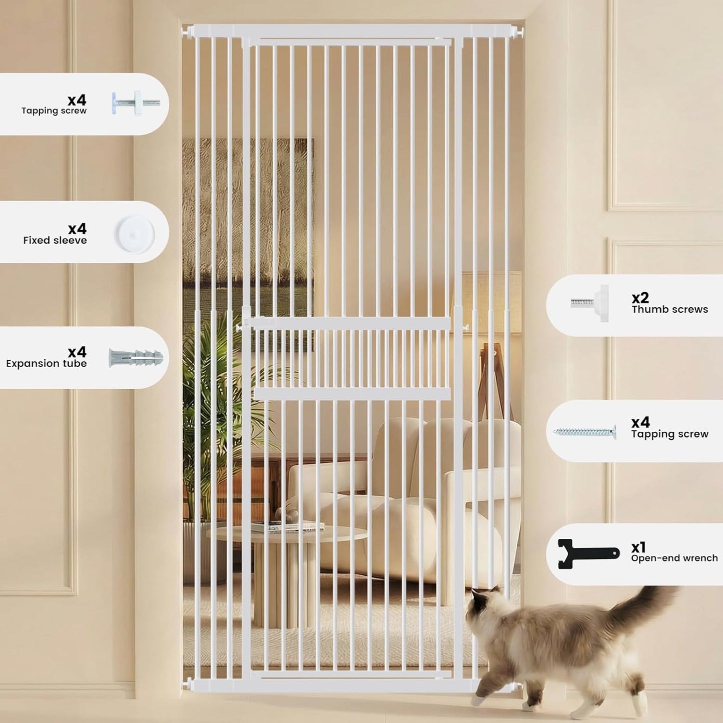 Gardner Pet Extra Tall Cat Gate 49"-86" Adjustable Height, Tall Pet Gate for Doorways/Hallways with 27.5"-37" Adjustable Width Baby Gate with 4 Extensions Kits, No Drilling Pressured Mounted (Black)