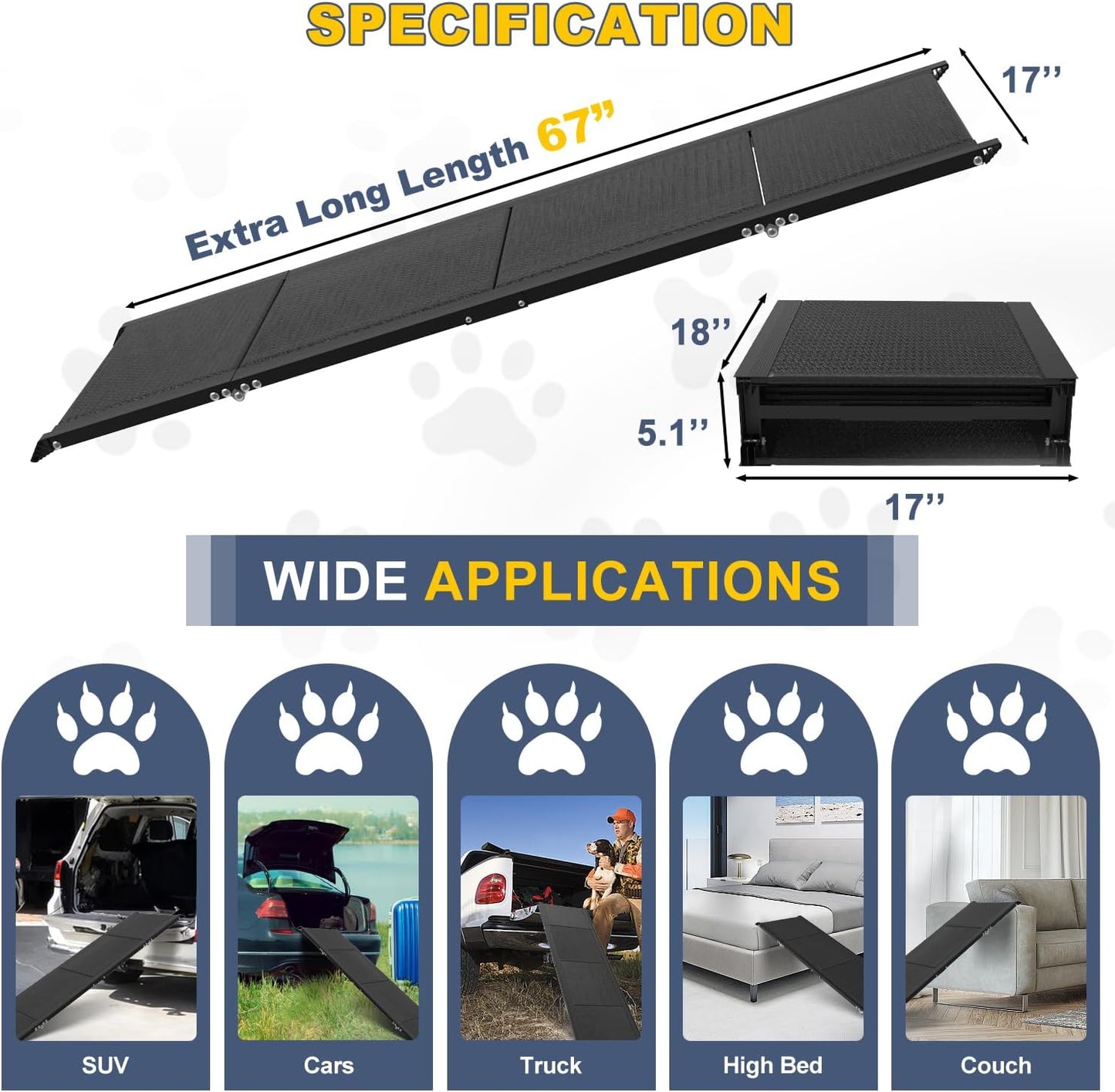 Dog Car Ramp for Large Dogs, Foldable Dog Steps Aluminum Dog Ramps, Dog Stairs with Nonslip Surface for High Beds, Trucks, Cars and SUV, Supports up to 240 lbs (67'' L x 17'' W)
