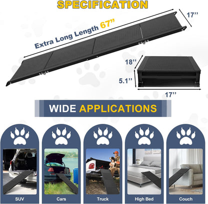 Dog Car Ramp for Large Dogs, Foldable Dog Steps Aluminum Dog Ramps, Dog Stairs with Nonslip Surface for High Beds, Trucks, Cars and SUV, Supports up to 240 lbs (67'' L x 17'' W)