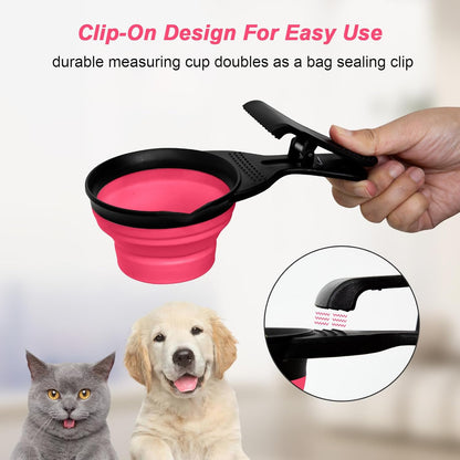 Collapsible Dog Food Scoop Foldable Pet Food Bag Clip 3 in 1 Multi-function Silicone Cat Food Measuring Cup Scoop Dog Food Scooper Pet Food Storage Clip (Green, 1 Cup Capacity(1 Pack))
