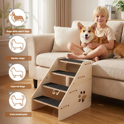 Dog Stairs Ramp, Wooden 4-Step Dog Ramp for Small/Medium/Older Dogs and Cats, Non-Slip Pet Ladder for High Beds, Sofas, Bay Windows