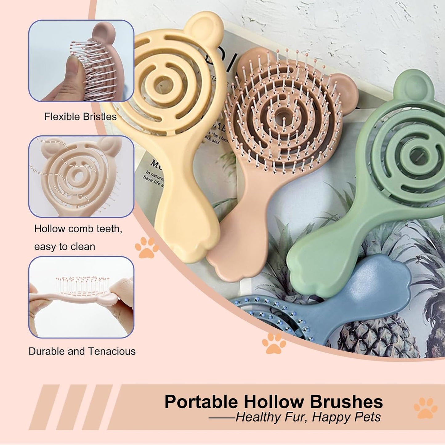 Cat-Ear Design Puppy Brush, Gentle Soft-Bristle Small Dogs Plastic Detangling Grooming Tool, Fit for Yorkie Shih Tzu Maltese Maltipoo (Light Pink)